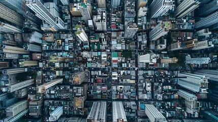 the backdrop of a city skyline, the HD camera reveals the mesmerizing patterns of streets and buildings from above in captivating aerial photography, with bustling urban life