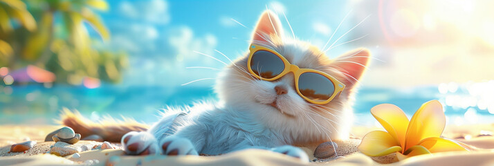 Animated cartoon character with cat at the sea beach with sunglasses