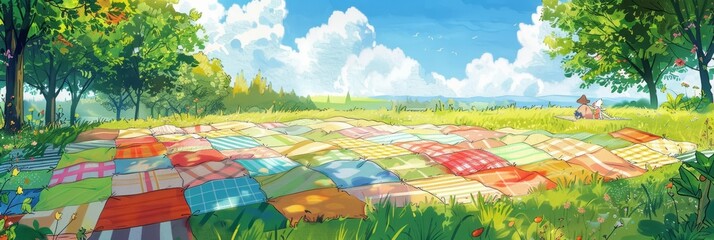 Fototapeta premium A patchwork quilt spreads across a grassy field, inviting picnickers to enjoy a sunny day, kawaii water color