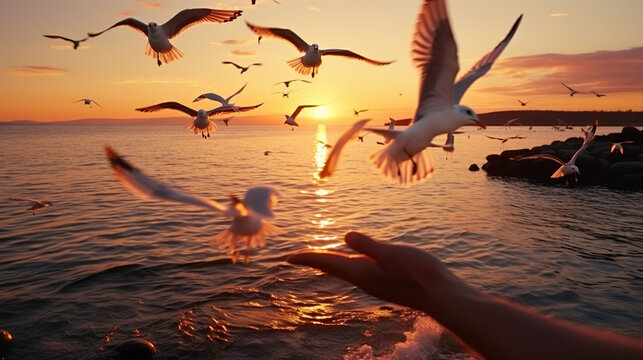 Hands raised ready to feed seagulls as several birds flew and pecked food from hands against the backdrop of a calm watery sunset.