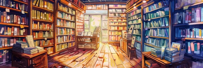 A quaint bookshop corner beckons, its shelves a labyrinth of stories waiting to be told, kawaii water color