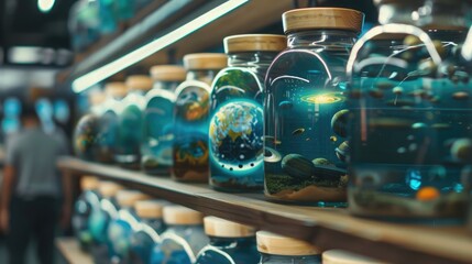Earth is trapped inside a glass jar filled with water being held on a shelf among side many other planet systems in jars, the creators of these planets 