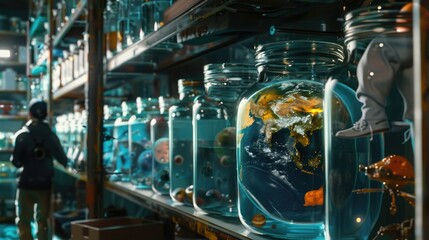 Fototapeta na wymiar Earth is trapped inside a glass jar filled with water being held on a shelf among side many other planet systems in jars, the creators of these planets 