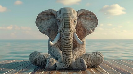 Elephant on wooden deck. Yoga concept. This is a 3d render illustration - obrazy, fototapety, plakaty