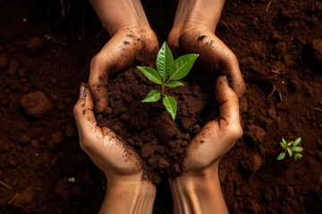 Hand holding soil and plant gardening planting outdoors.