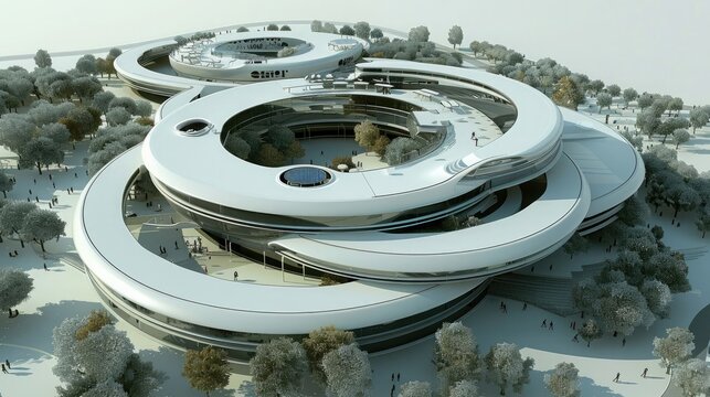 Envision a modern technology building inspired by the Apple company logo, featuring a unique circular design with a prominent bite mark, resembling a gigantic apple. 