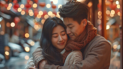 Obraz na płótnie Canvas Asian young couple hugging with positive emotion and loving together at warmth place, Attractive man and man embracing spending time together at home, Couple love and Valentine's Day concept