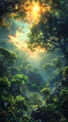 Fototapeta premium Craft a captivating environmental graphic showcasing a lush, magical forest filled with mystical creatures in vibrant watercolor