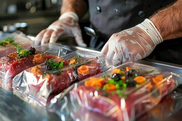 Salmon fillets in a vacuum package. Vacuumation food. Sous-vide, new technology cuisine