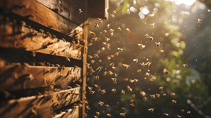 A lively swarm of bees in flight around a wooden beehive on a sunny day, depicting pollination activity.
