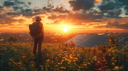 Craft a detailed digital rendering showcasing a worker character surrounded by advanced solar panel technology on a cityscape backdrop Emphasize the green eco-friendly aspect of th