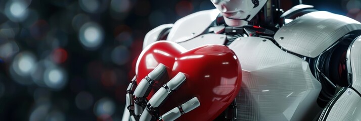 Fototapeta premium Design a futuristic white robot cradling a red heart in its hands, emphasizing themes of love, relationships, and the future