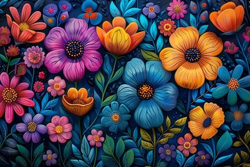 Fototapeta premium A vibrant and colorful floral pattern with a dark background.