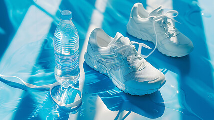 Athlete set of sneakers and bottle of water on bright blue background