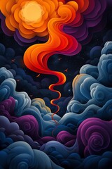 A swirling vortex of vibrant colors and shapes, with a bright light source at the top and dark clouds below. The vortex is surrounded by a sea of clouds.