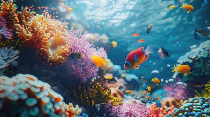 Naklejka na ściany i meble A vibrant and colorful coral reef teeming with marine life, showcasing the beauty and diversity of underwater ecosystems on World Reef Awareness Day.