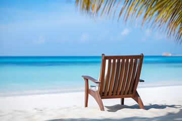 A pair of wooden lounge chairs facing the calm, turquoise sea on a pristine white sand beach under a clear blue sky - Generative AI