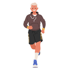 Aged Male Character Jogging. Silver-haired Gentleman Strides Steadily Along The Path, Proving Age Is No Barrier