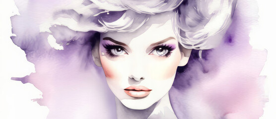 Obraz premium Elegant fashion woman with red lips makeup watercolor illustration in purple and pink colors. Young and beautiful girl liquid acrylic painting. Banner with copy space