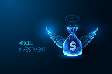 Angel investment, financial support, growth opportunitiy futuristic concept with money bag and wings