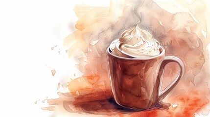 Steam rises from a mug of hot cocoa, topped with a generous swirl of whipped cream, kawaii water color - obrazy, fototapety, plakaty