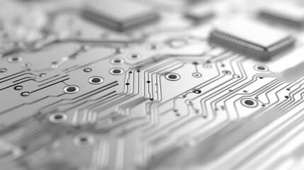 A monochromatic close-up view of a circuit board highlighting the intricate electronic traces and several mounted components - Generative AI - obrazy, fototapety, plakaty