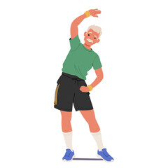 Elderly Man In Sportswear Is Stretching, Old Fit Male Character Do Bends Embodies An Active, Healthy Lifestyle