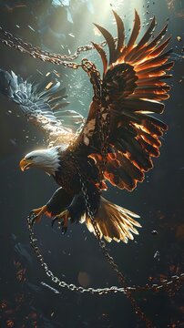 Illustrate the essence of decolonization through a low-angle perspective of a majestic eagle breaking free from chains