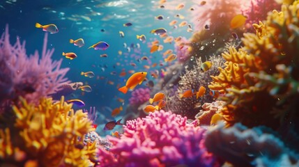 Fototapeta na wymiar A vibrant and colorful image of a school of tropical fish darting among coral structures, representing the beauty and diversity of marine life on World Reef Awareness Day.