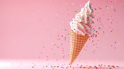 Soft Serve Ice Cream Cone with Sprinkles, Delightful Dessert, Pink Background