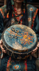 Ritual ancient percussion instrument drum or tambourine with a colorful image, held by a female shaman