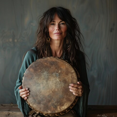 An ancient Indian ritual percussion instrument, a drum or tambourine held by a female shaman