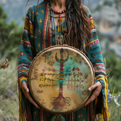 An ancient Indian ritual percussion instrument, a drum or tambourine, depicting the tree of life held by a female shaman