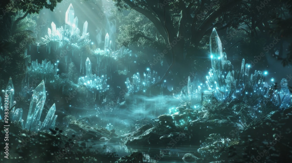 Poster a mysterious forest covered in a thick layer of mist with glowing crystals and shimmering pools of w