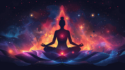 Female silhouette in lotus pose meditates in radiance on dark cosmic background, opens chakras.