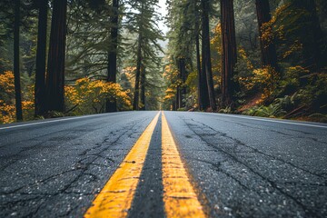 A road with a yellow line on the side of it in the middle of a forest with tall trees an ultrafine