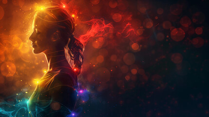 Beautiful calm, peaceful woman in a rainbow glow in profile on a dark background