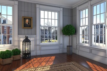 Colonial Parlor 3D Depiction with Shadow Grey Clapboard, White Millwork, and Cherry Floor