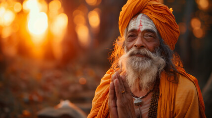 Indian saghu, guru, sage, saint, Shivaite in orange clothes on the background of the sunset