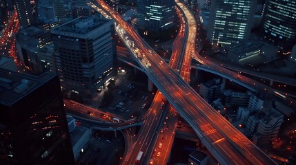 The camera zooms in on a bustling metropolis, capturing the vibrant energy and bustling activity of city life from above in captivating aerial photography, with cars streaming along highways