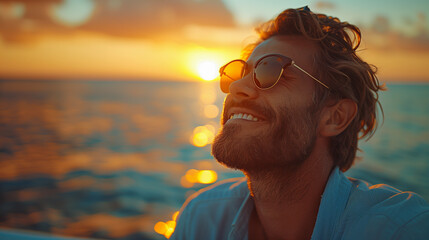  Smiling man in dark glasses on the background of the sea sunset.