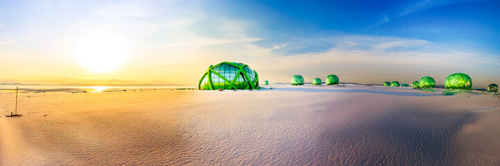 green architecture structure on snow - obrazy, fototapety, plakaty