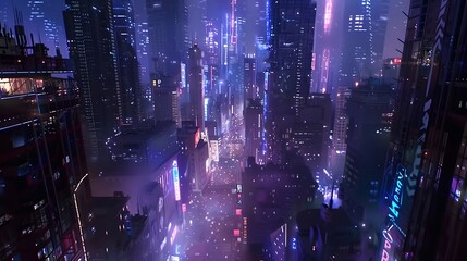 The camera zooms in on a bustling cityscape, capturing the dreamlike quality of artwork, with skyscrapers reaching for the sky and neon lights casting a soft, ethereal glow on the streets below