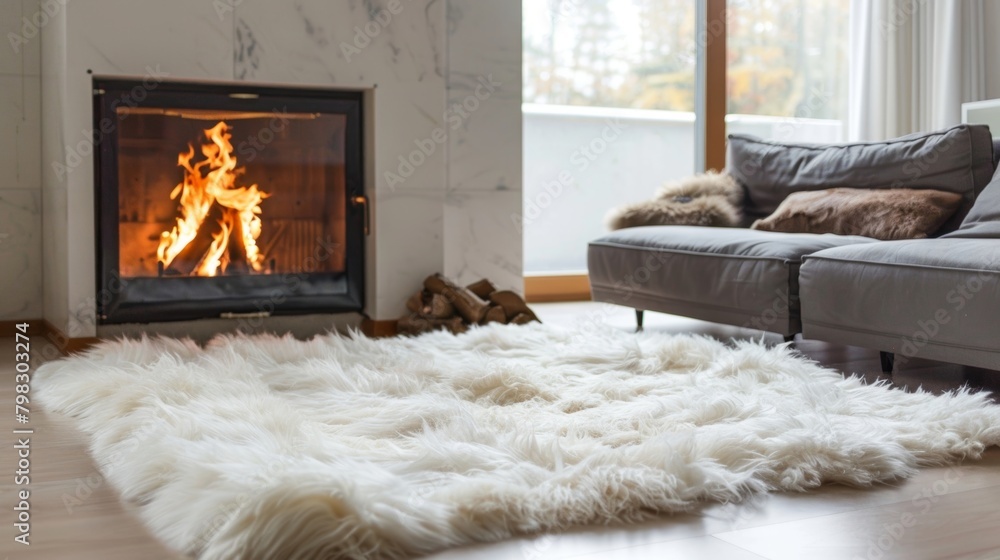 Poster a fluffy white rug adds a touch of softness to the room contrasting with the sharp lines of the fire