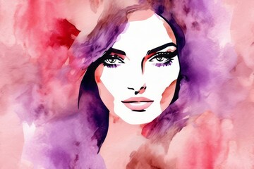 Elegant fashion woman with pink lips makeup watercolor illustration in purple and magenta colors. Young and beautiful girl liquid acrylic painting. Banner with copy space