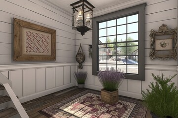 3D Render Modern Farmhouse Interior with Chalky Grey Shiplap, White Wainscoting & Mason Jar Chandelier