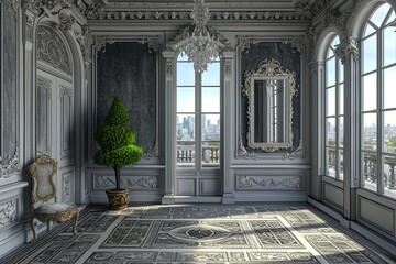 3D Visualization: Baroque Chamber with Smoke Grey Velvet Walls and Ornate Decor