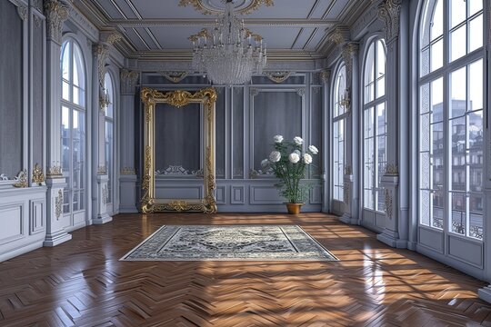Opulent Ballroom 3D Render: Dove-Tail Grey Silk Walls, Versailles Chandelier, Grand Urban Boulevard Views