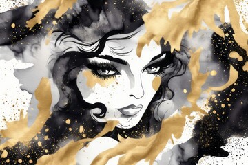 Elegant fashion woman with makeup watercolor illustration in gold and black colors. Young and beautiful girl liquid acrylic painting. Banner with copy space