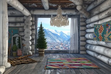 3D Rustic Retreat Visualization: Tundra Grey Logs, Frontier Chandelier, and Mountain City View